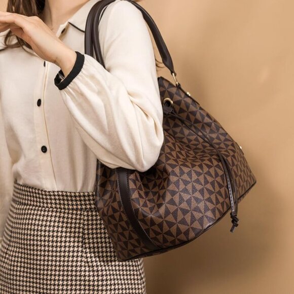 🆕Women Brown Designer Bucket Shoulder Bag Fashion Top-Handle Drawstring Handbag - Picture 2 of 8